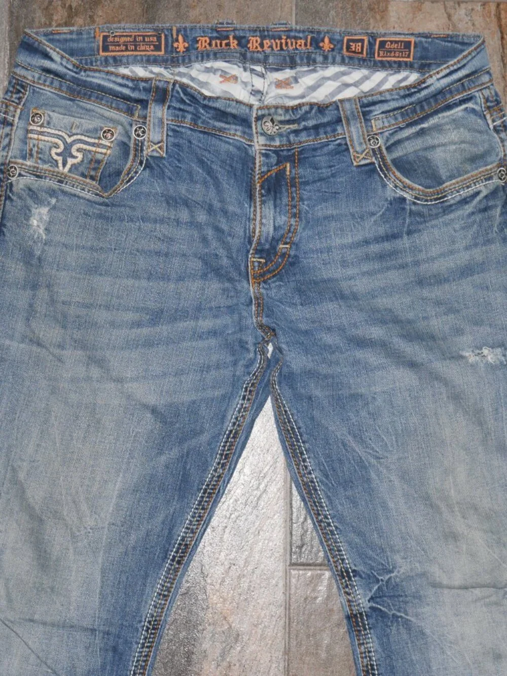 Rock Revival Odell Relaxed Fit Jeans Men 38x34 Dark Wash Thick Stitched EUC